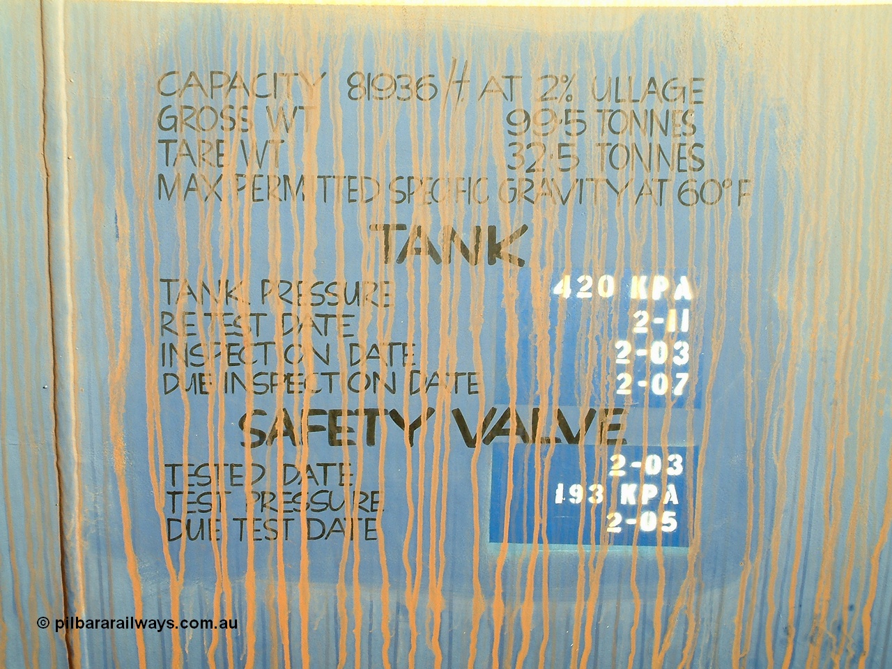 040815 171350
Nelson Point, detail view of data placard of fuel tank waggon 0020, 82 kilolitre capacity built by Comeng NSW for BP as RTC 2, used by Mt Newman Mining, unsure when converted to 0020.
Keywords: Comeng-NSW;BP-Oil;RTC2;BHP-tank-waggon;
