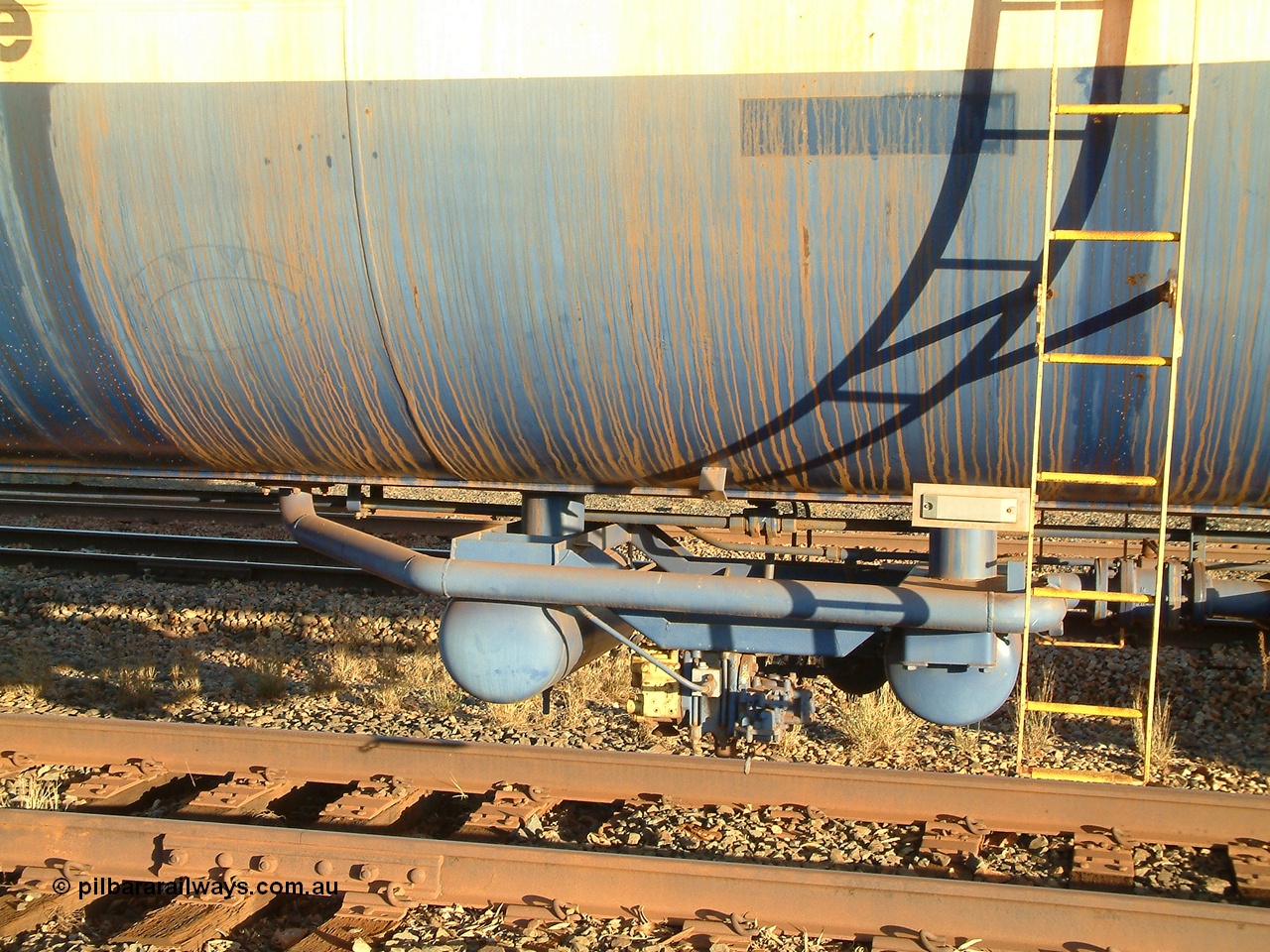 040815 171432
Nelson Point, view of brake valve and reservoirs mounting and piping of fuel tank waggon 0020, 82 kilolitre capacity built by Comeng NSW for BP as RTC 2, used by Mt Newman Mining, unsure when converted to 0020.
Keywords: Comeng-NSW;RTC2;BHP-tank-waggon;