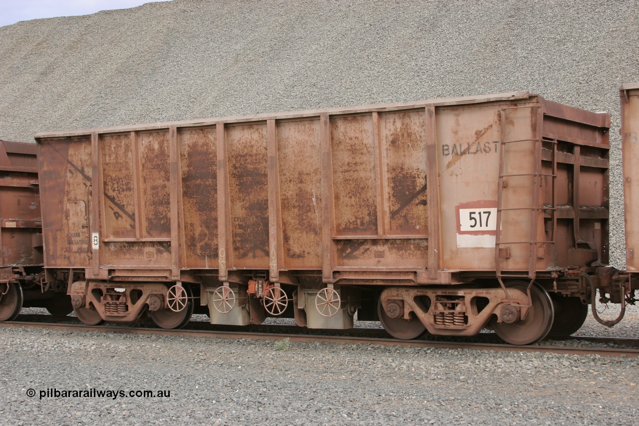 050412 0757
Quarry 8, Shaw Siding area. 3/4 view of 1963 built Magor USA ballast waggon 517.
Keywords: Magor-USA;BHP-ballast-waggon;