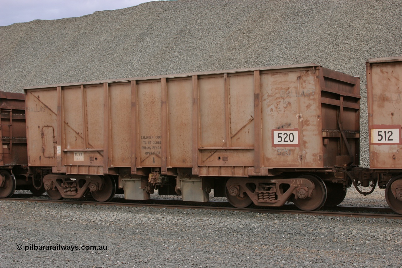 050412 0759
Quarry 8, Shaw Siding area. 3/4 view of 1963 built Magor USA ballast waggon 520.
Keywords: Magor-USA;BHP-ballast-waggon;