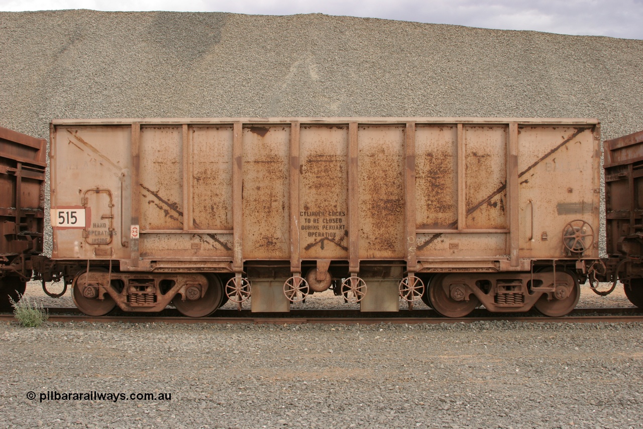 050412 0760
Quarry 8, Shaw Siding area. Side view of 1963 built Magor USA ballast waggon 515.
Keywords: Magor-USA;BHP-ballast-waggon;