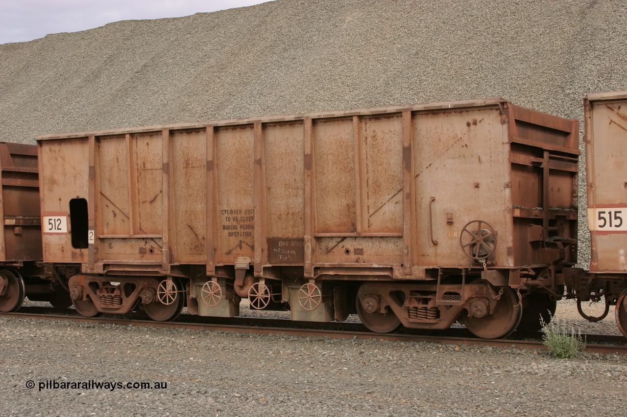 050412 0761
Quarry 8, Shaw Siding area. 3/4 view of 1963 built Magor USA ballast waggon 512.
Keywords: Magor-USA;BHP-ballast-waggon;