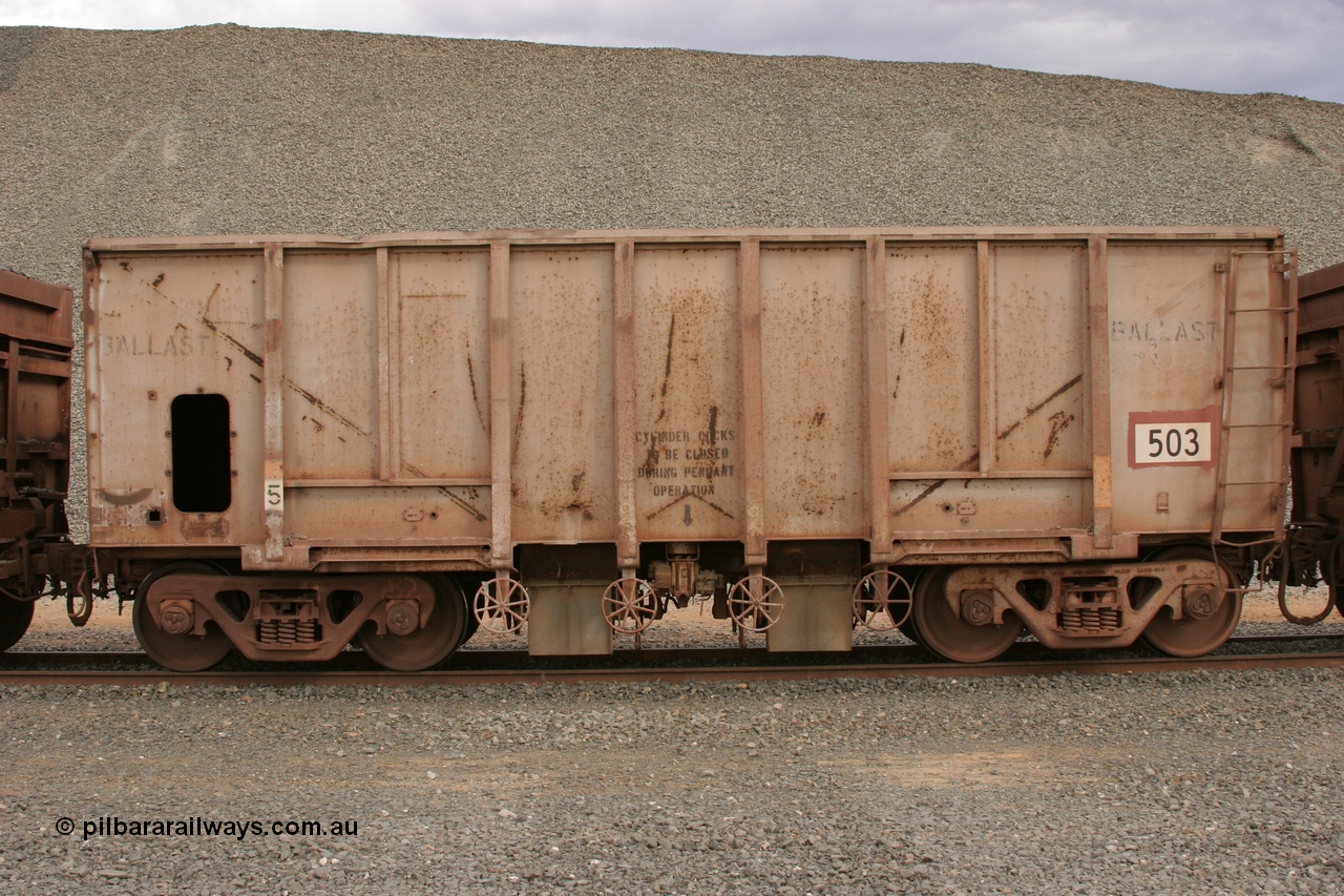 050412 0762
Quarry 8, Shaw Siding area. Side view of 1963 built Magor USA ballast waggon 503.
Keywords: Magor-USA;BHP-ballast-waggon;