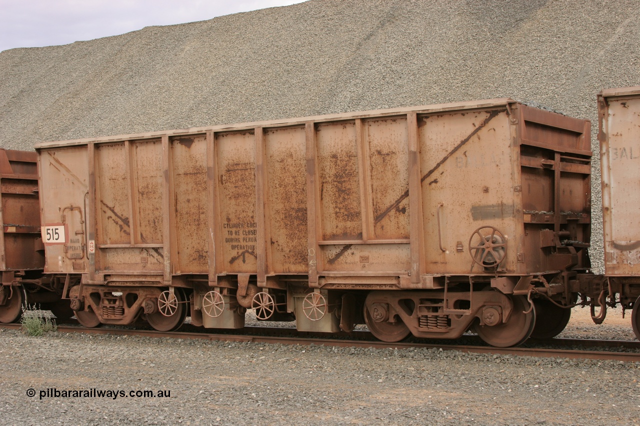 050412 0763
Quarry 8, Shaw Siding area. 3/4 view of 1963 built Magor USA ballast waggon 515.
Keywords: Magor-USA;BHP-ballast-waggon;