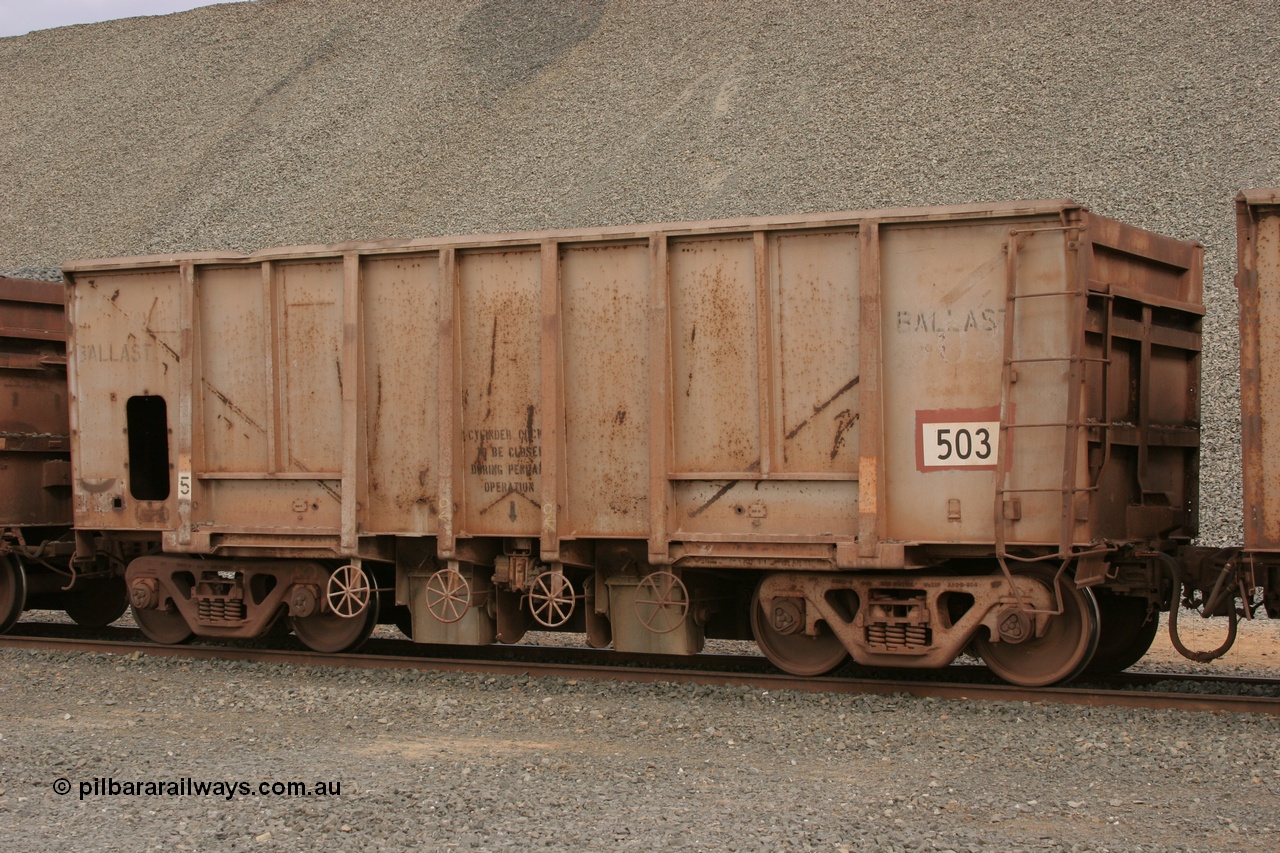 050412 0765
Quarry 8, Shaw Siding area. 3/4 view of 1963 built Magor USA ballast waggon 503.
Keywords: Magor-USA;BHP-ballast-waggon;