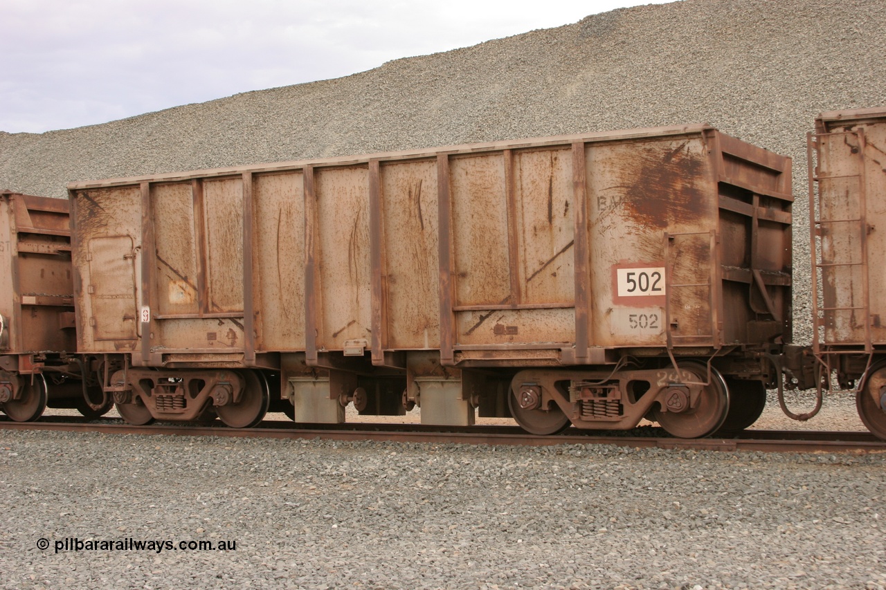 050412 0775
Quarry 8, Shaw Siding area. 3/4 view of 1963 built Magor USA ballast waggon 502.
Keywords: Magor-USA;BHP-ballast-waggon;