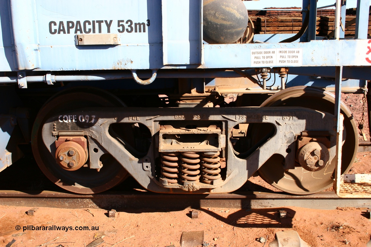 050518 2123
Flash Butt yard, CFCLA hire ballast waggon CHRY type CHRY 746, shows bogie detail, Barber S-2 type bogie, with CFCLA id of CQFE 097.
Keywords: CHRY-type;CHRY746;CFCLA;CRDX-type;BHP-ballast-waggon;