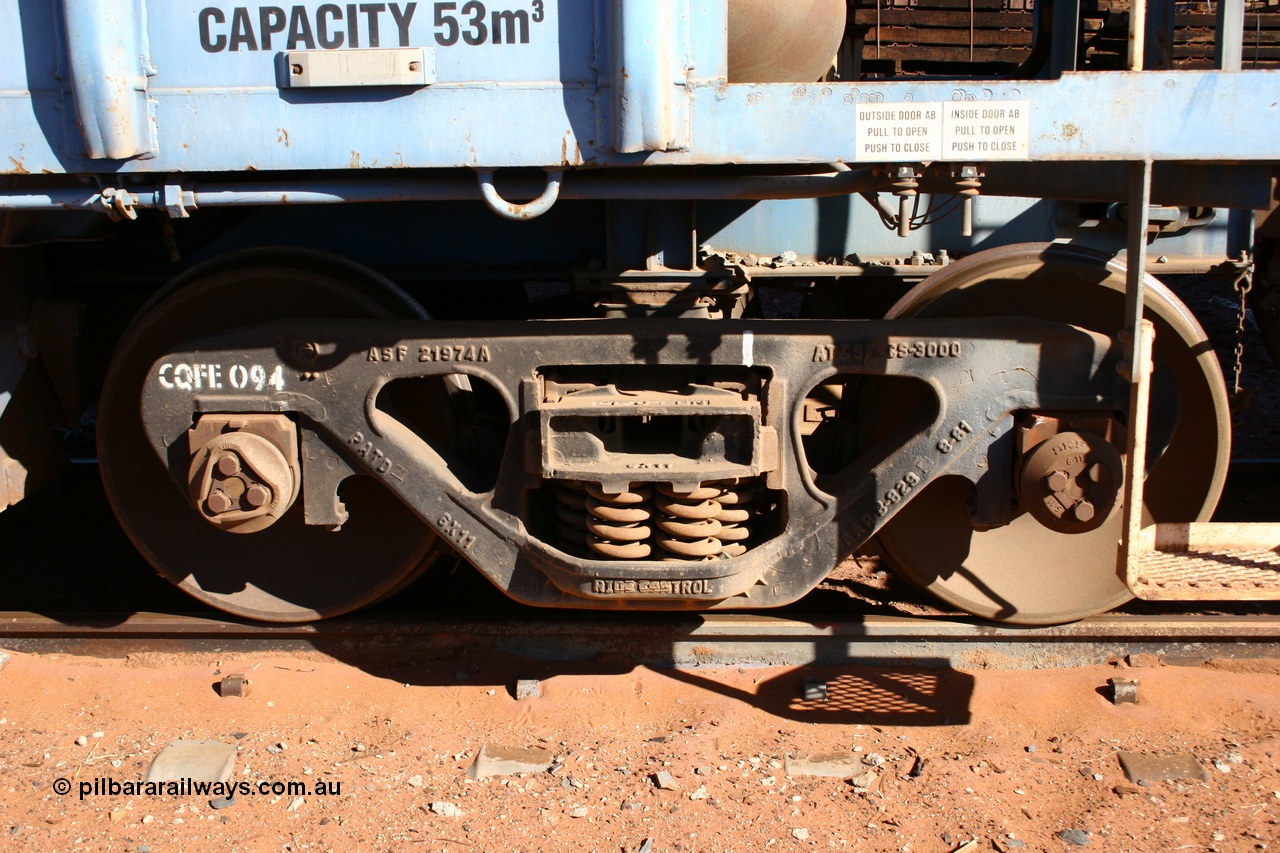 050518 2127
Flash Butt yard, CFCLA hire ballast waggon CHRY type CHRY 750, shows bogie detail, AT & SF CS-3000 bogie casting with CFCLA id of CQFE 094
Keywords: CHRY-type;CHRY750;CFCLA;CRDX-type;BHP-ballast-waggon;