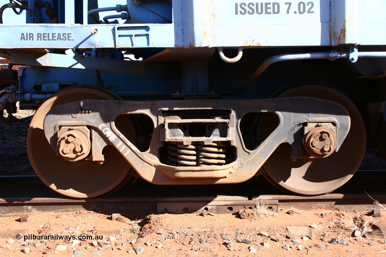 050518 2133
Flash Butt yard, CFCLA hire ballast waggon CHRY type CHRY 761, shows bogie detail, ASF Ride Control bogie with CFCLA id of CQFE 111.
Keywords: CHRY-type;CHRY761;CFCLA;CRDX-type;BHP-ballast-waggon;