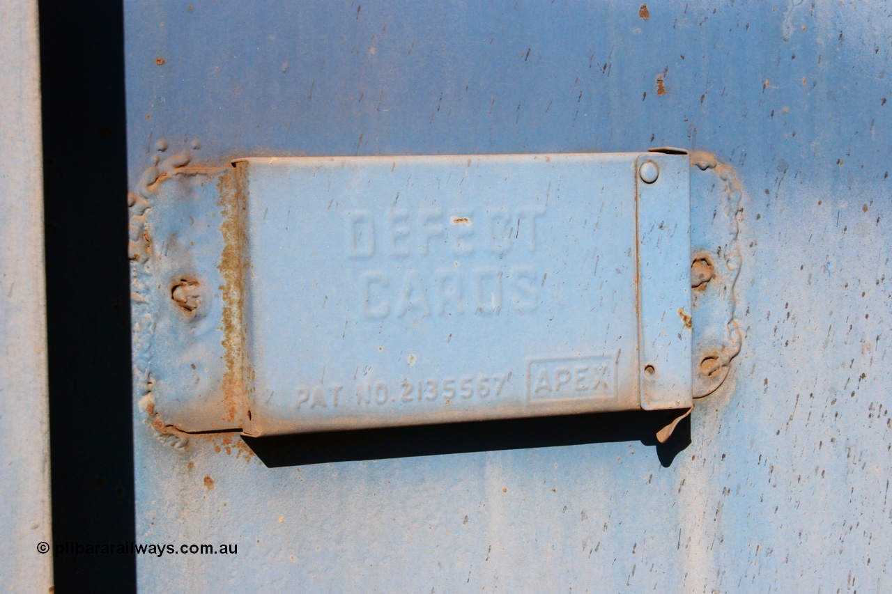 050518 2136
Flash Butt yard, CFCLA hire ballast waggon CHRY type CHRY 753, defect card holder.
Keywords: CHRY-type;CHRY753;CFCLA;CRDX-type;BHP-ballast-waggon;