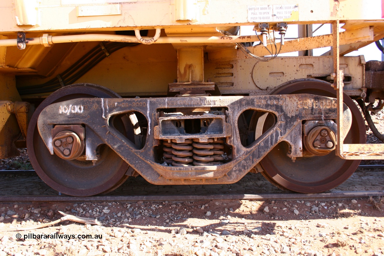 050518 2140
Flash Butt yard, CFCLA hire ballast waggon CHQY type CHQY 741, shows bogie detail, ATSF CS-3000 Ride Control Unit bogie casting with CFCLA id of CQFE 056.
Keywords: CHQY-type;CHQY741;CFCLA;CRDX-type;BHP-ballast-waggon;