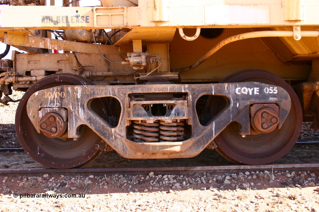 050518 2142
Flash Butt yard, CFCLA hire ballast waggon CHQY type CHQY 741, close up of bogie, shows bogie detail, ASF Ride Control bogie casting with CFCLA id of CQFE 055.
Keywords: CHQY-type;CHQY741;CFCLA;CRDX-type;BHP-ballast-waggon;