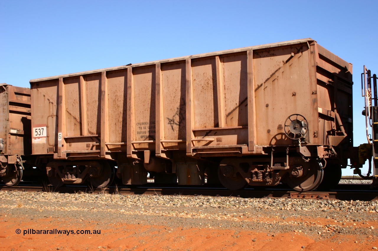 050518 2155
Bing Siding. 3/4 view of 1963 built Magor USA waggon 537, originally in ore service before conversion to a ballast waggon.
Keywords: Magor-USA;BHP-ballast-waggon;