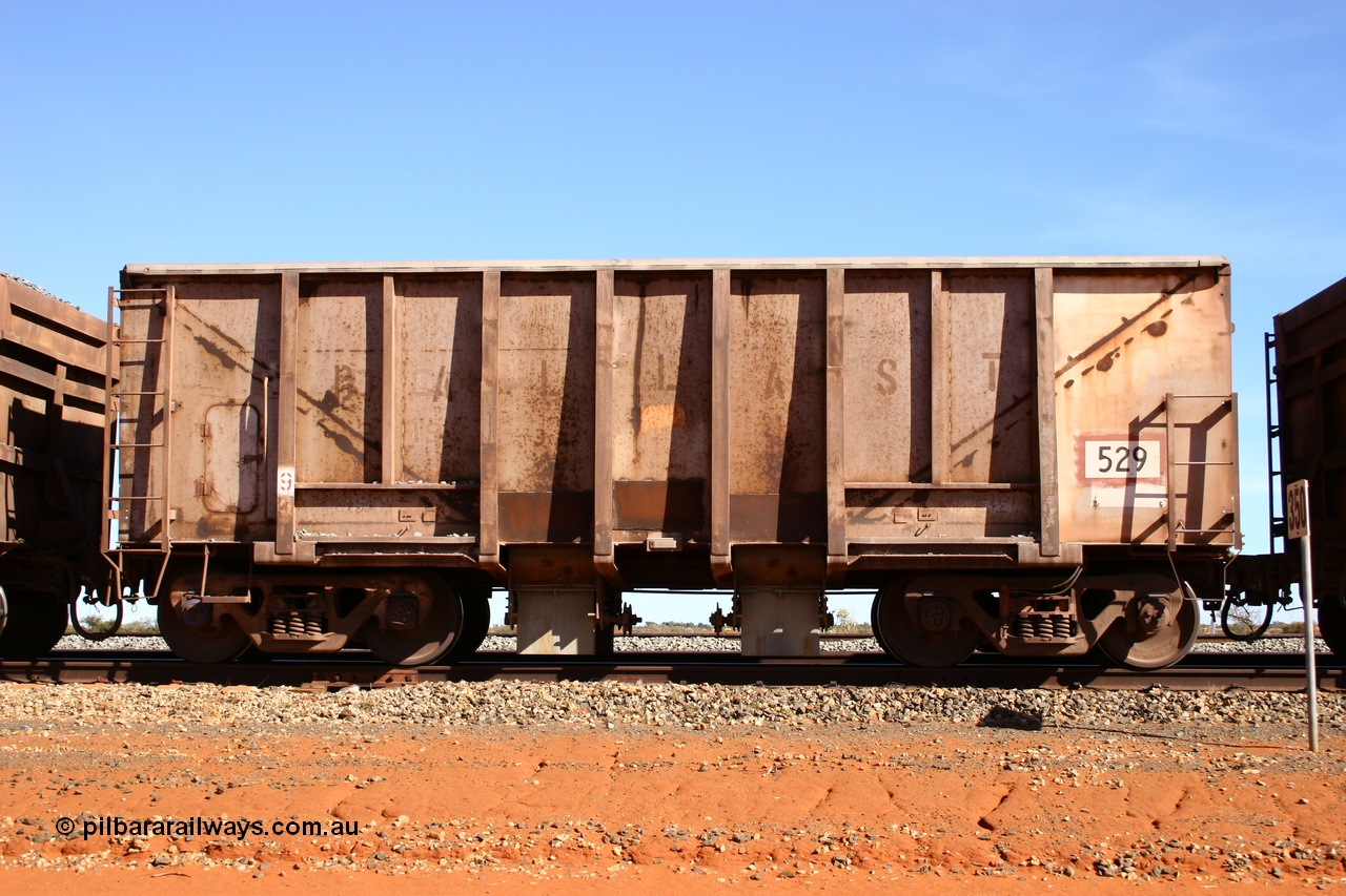 050518 2160
Bing Siding. Side view of 1963 built Magor USA waggon 529, originally in ore service before conversion to a ballast waggon.
Keywords: Magor-USA;BHP-ballast-waggon;