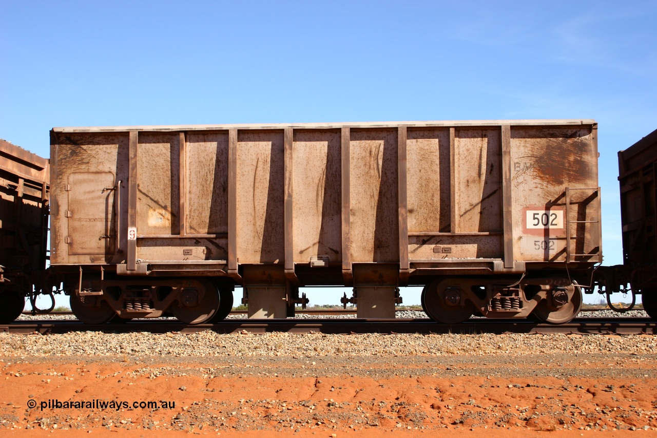 050518 2162
Bing Siding. Side view of 1963 built Magor USA waggon 502, one of twenty waggons originally used on the Oroville Dam construction before coming to the Pilbara in January 1968 as ballast waggons.
Keywords: Magor-USA;BHP-ballast-waggon;