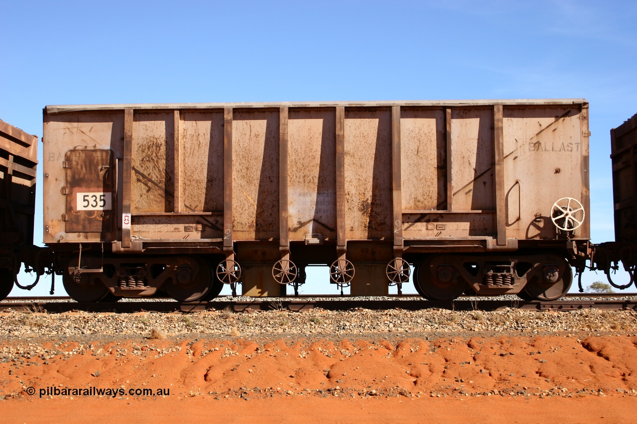 050518 2164
Bing Siding. Side view of 1963 built Magor USA waggon 535, originally in ore service before conversion to a ballast waggon.
Keywords: Magor-USA;BHP-ballast-waggon;