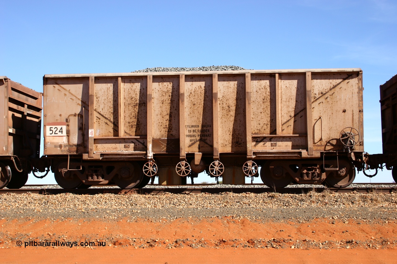 050518 2168
Bing Siding. Side view of 1963 built Magor USA waggon 524, originally in ore service before conversion to a ballast waggon.
Keywords: Magor-USA;BHP-ballast-waggon;