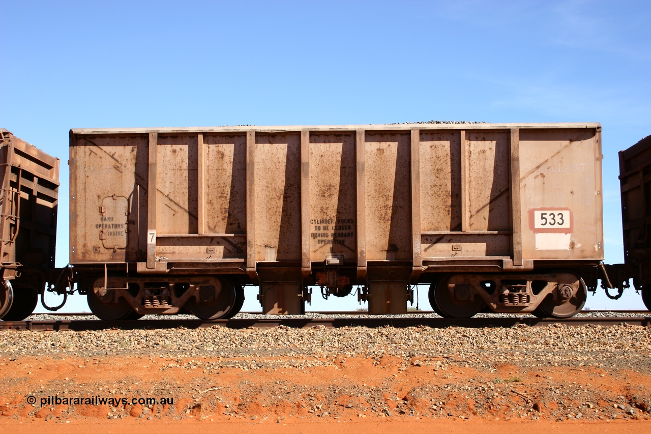 050518 2170
Bing Siding. Side view of 1963 built Magor USA waggon 533, originally in ore service before conversion to a ballast waggon.
Keywords: Magor-USA;BHP-ballast-waggon;