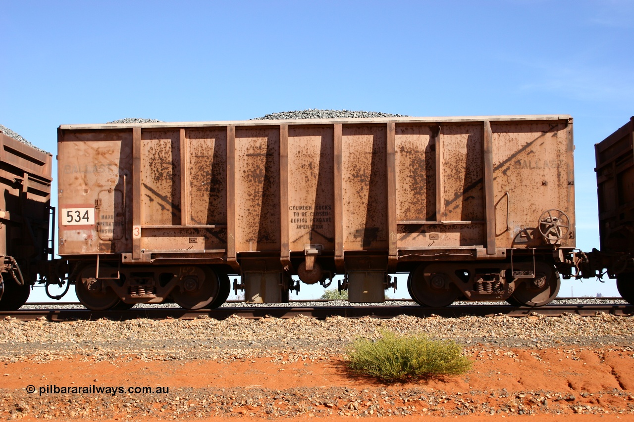 050518 2183
Bing Siding. Side view of 1963 built Magor USA waggon 534, originally in ore service before conversion to a ballast waggon.
Keywords: Magor-USA;BHP-ballast-waggon;