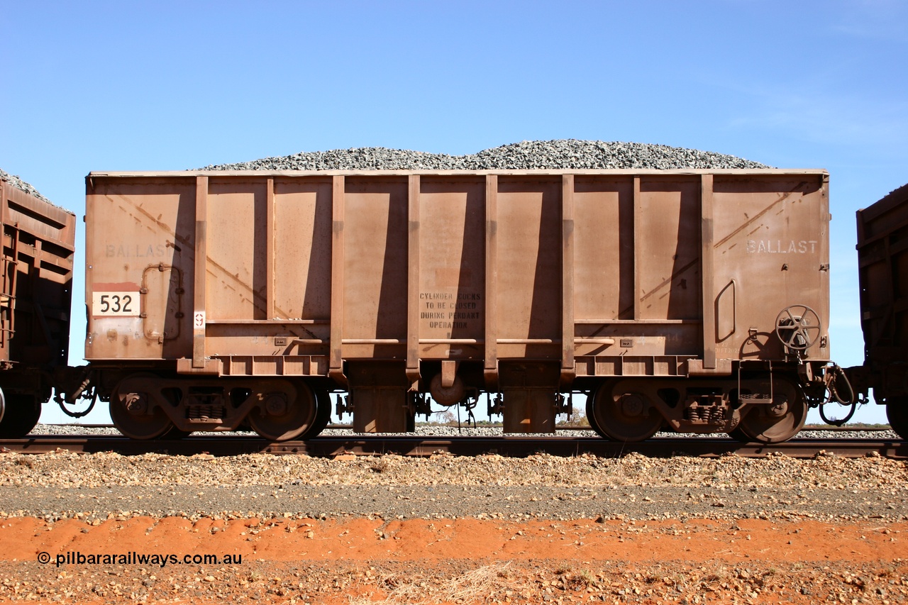 050518 2185
Bing Siding. Side view of 1963 built Magor USA waggon 532, originally in ore service before conversion to a ballast waggon.
Keywords: Magor-USA;BHP-ballast-waggon;