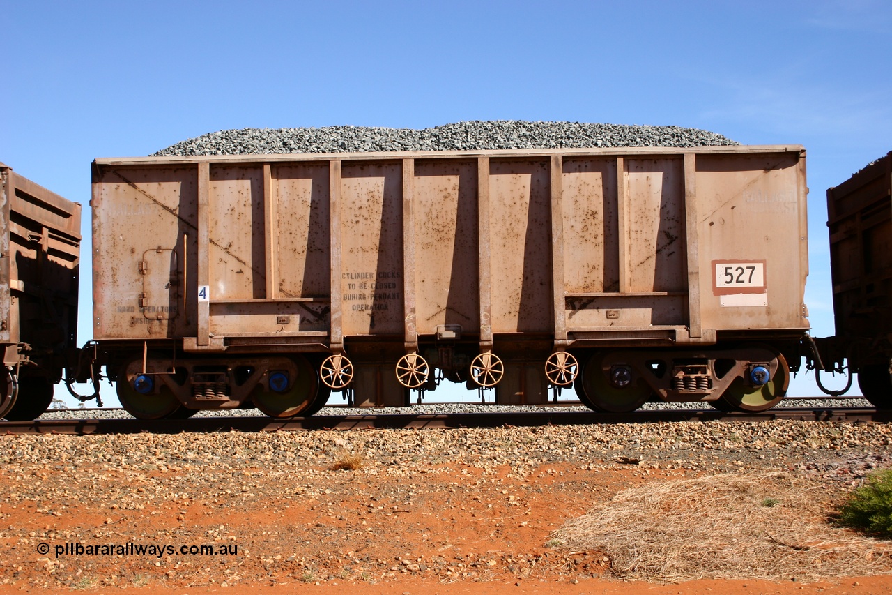 050518 2197
Bing Siding. Side view of 1963 built Magor USA waggon 527, originally in ore service before conversion to a ballast waggon.
Keywords: Magor-USA;BHP-ballast-waggon;