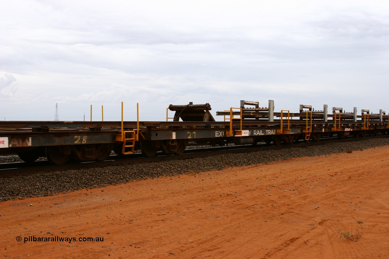 050522 2737
Goldsworthy Junction, rail recovery and transport train flat waggon #27, third lead in waggon, 6205, built by Comeng WA in February 1977 under order number 07-M-282 RY.
Keywords: Comeng-WA;BHP-rail-train;
