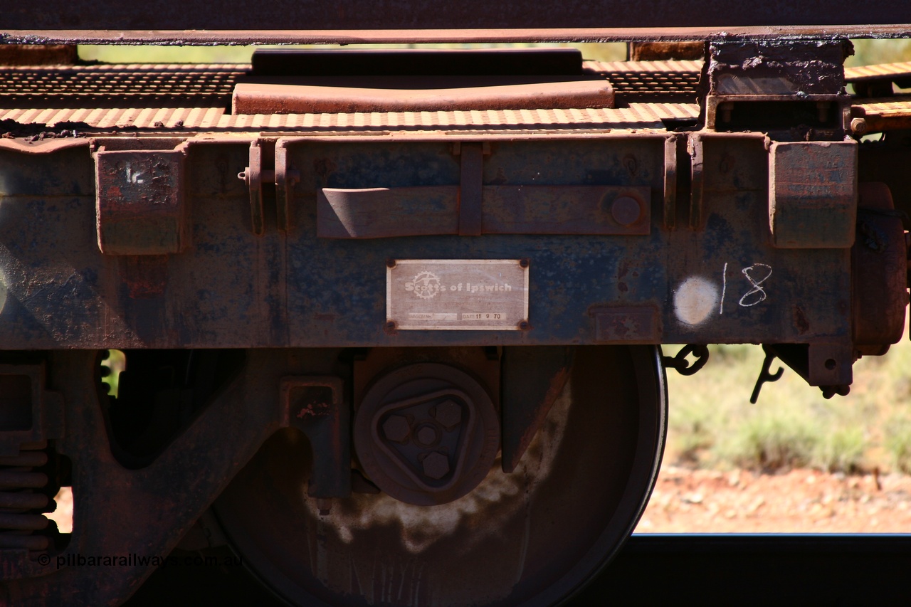 050525 2951
Mooka Siding, rail recovery and transport train flat waggon #18, builders plate of 6012, built by Scotts of Ipswich Qld on 11-09-1970.
Keywords: Scotts-Qld;BHP-rail-train;