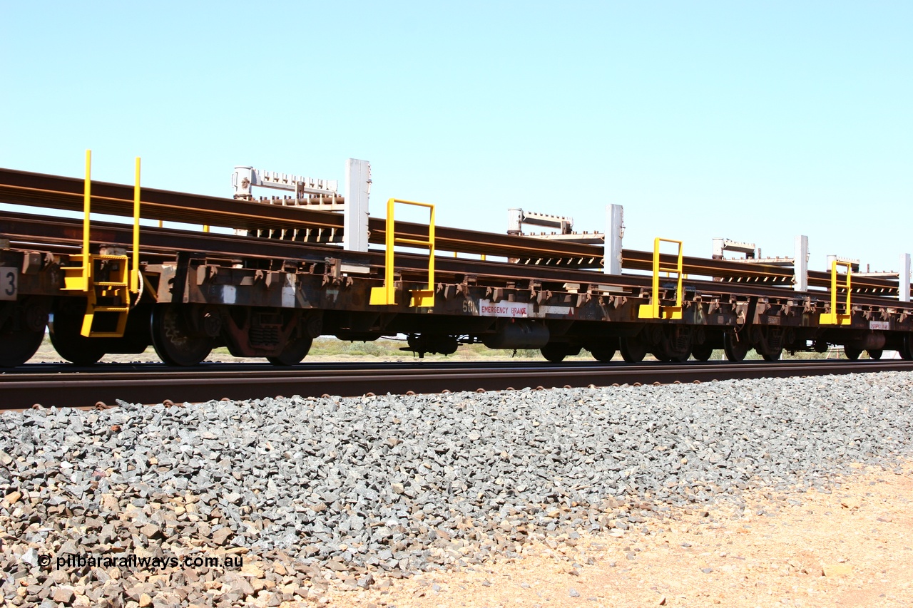 050525 2986
Mooka Siding, rail recovery and transport train flat waggon #18, 6012, built by Scotts of Ipswich Qld in September 1970.
Keywords: Scotts-Qld;BHP-rail-train;