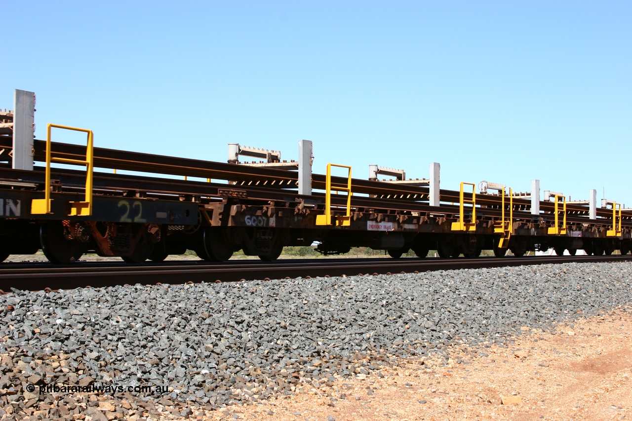 050525 2989
Mooka Siding, rail recovery and transport train flat waggon #21, 6007 with registered number G506007, built by Scotts of Ipswich Qld in 1970.
Keywords: Scotts-Qld;BHP-rail-train;