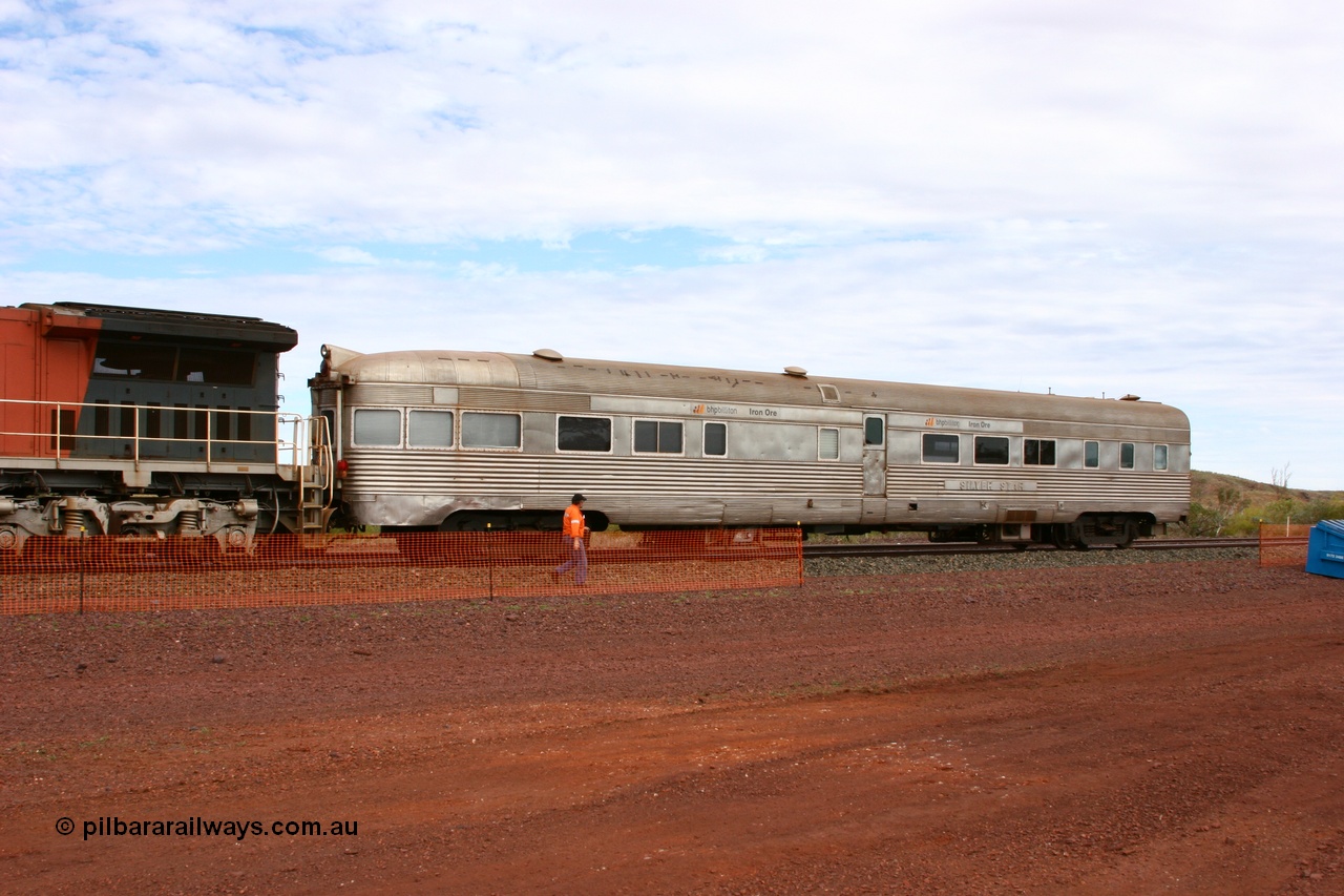 050624 3335
Goldsworthy, the Sundowner coach, originally built by E. G. Budd in 1939 numbered 301 as the Silver Star as a diner-parlour-observation coach on the Chicago, Burlington and Quincy Railroad's General Pershing Zephyr train from the 1930s and 1940s. Donated to Mt Newman Mining Co. by AMAX an original joint venture partner to commemorate the projects first 100 million tonnes of iron ore railed between Mount Whaleback mine and the Port Hedland port.
Keywords: Silver-Star;EG-Budd;Sundowner;General-Pershing-Zephyr;301;