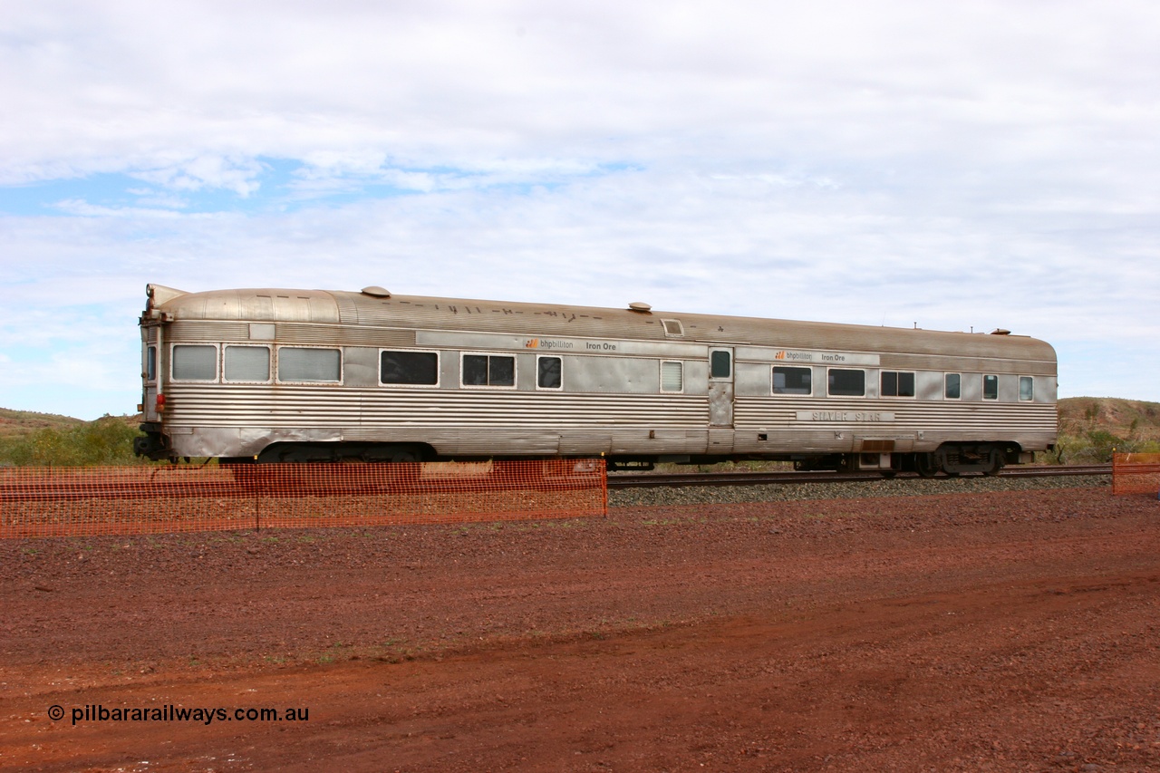 050624 3349
Goldsworthy, the Sundowner coach, originally built by E. G. Budd in 1939 numbered 301 as the Silver Star as a diner-parlour-observation coach on the Chicago, Burlington and Quincy Railroad's General Pershing Zephyr train from the 1930s and 1940s. Donated to Mt Newman Mining Co. by AMAX an original joint venture partner to commemorate the projects first 100 million tonnes of iron ore railed between Mount Whaleback mine and the Port Hedland port.
Keywords: Silver-Star;EG-Budd;Sundowner;General-Pershing-Zephyr;301;