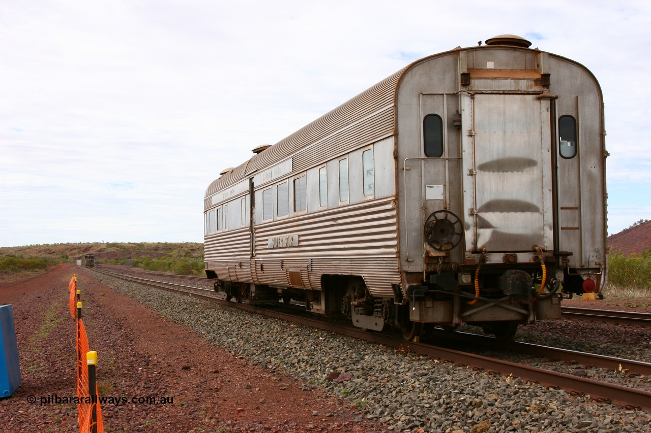 050624 3350
Goldsworthy, train end and hand brake of the Sundowner coach, originally built by E. G. Budd in 1939 numbered 301 as the Silver Star as a diner-parlour-observation coach on the Chicago, Burlington and Quincy Railroad's General Pershing Zephyr train from the 1930s and 1940s. Donated to Mt Newman Mining Co. by AMAX an original joint venture partner to commemorate the projects first 100 million tonnes of iron ore railed between Mount Whaleback mine and the Port Hedland port.
Keywords: Silver-Star;EG-Budd;Sundowner;General-Pershing-Zephyr;301;