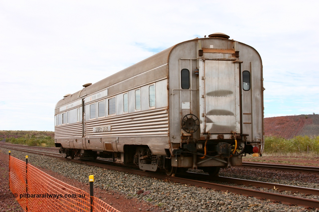 050624 3351
Goldsworthy, train end and hand brake of the Sundowner coach, originally built by E. G. Budd in 1939 numbered 301 as the Silver Star as a diner-parlour-observation coach on the Chicago, Burlington and Quincy Railroad's General Pershing Zephyr train from the 1930s and 1940s. Donated to Mt Newman Mining Co. by AMAX an original joint venture partner to commemorate the projects first 100 million tonnes of iron ore railed between Mount Whaleback mine and the Port Hedland port.
Keywords: Silver-Star;EG-Budd;Sundowner;General-Pershing-Zephyr;301;