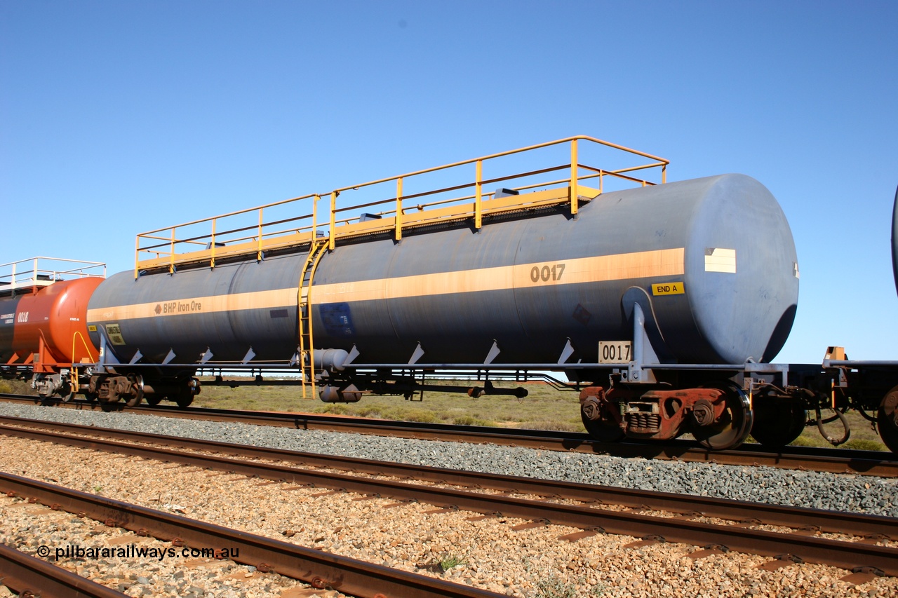 050704 3973
Bing Siding, empty 116 kL Comeng WA built tank waggon 0017 from 1974-5, one of six such tank waggons.
Keywords: Comeng-WA;BHP-tank-waggon;