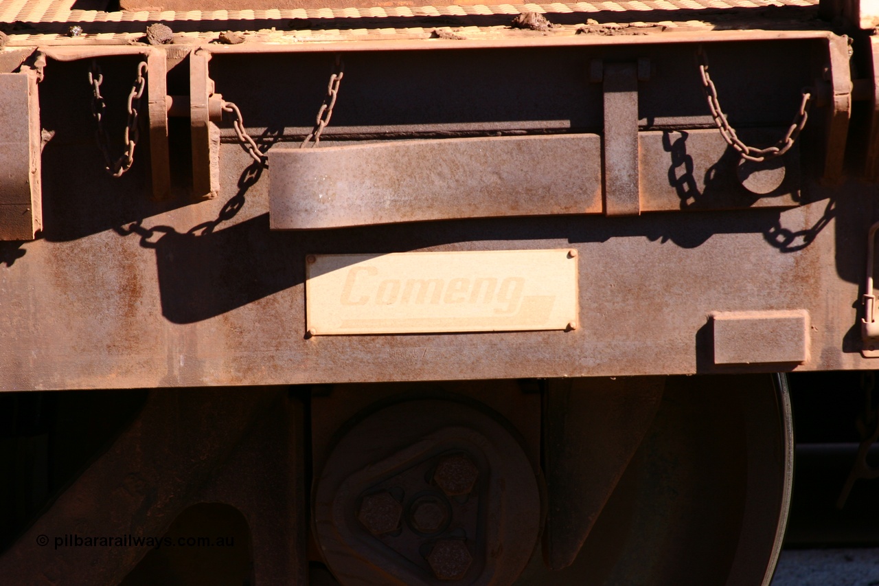 050801 4770
Flash Butt yard, rail recovery and transport train, builders plate of flat waggon #26, 6015, built by Comeng WA in November 1971.
Keywords: Comeng-WA;BHP-rail-train;