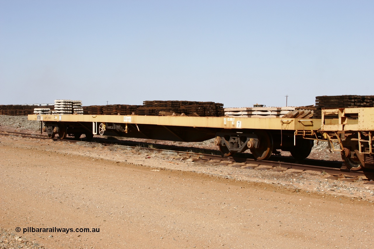 051001 5623
Flash Butt yard, BHP flat waggon 6705 ROA code of AQPY 2916, 55 tonne capacity, unsure of original owner, possible AN AOOX, then cut down to the Pilbara through CFCLA, 3/4 view.
Keywords: 6705;AQPY-type;AQPY2916;CFCLA;BHP-flat-waggon;