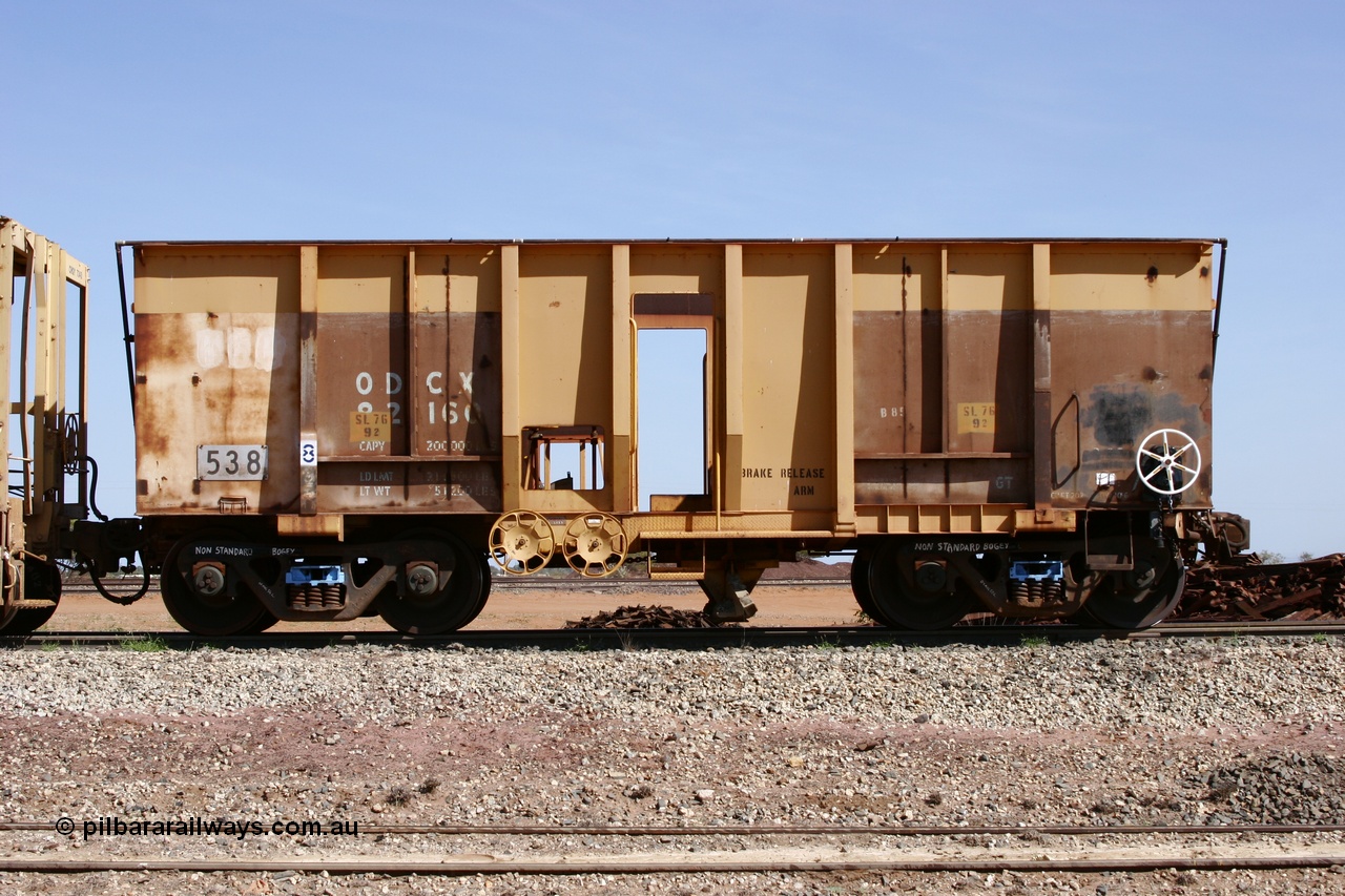 051001 5639
Flash Butt yard, side view of ballast plough converted from Magor USA built Oroville ore waggon 538, still visible is the ODCX 82160 number from original service building the Oroville Dam.
Keywords: Magor-USA;BHP-ballast-waggon;Mt-Newman-Mining-WS;