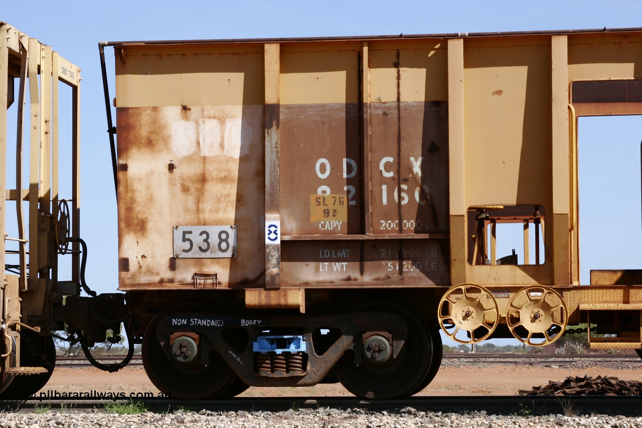 051001 5640
Flash Butt yard, side view of ballast plough converted from Magor USA built Oroville ore waggon 538, still visible is the ODCX 82160 number from original service building the Oroville Dam.
Keywords: Magor-USA;BHP-ballast-waggon;Mt-Newman-Mining-WS;