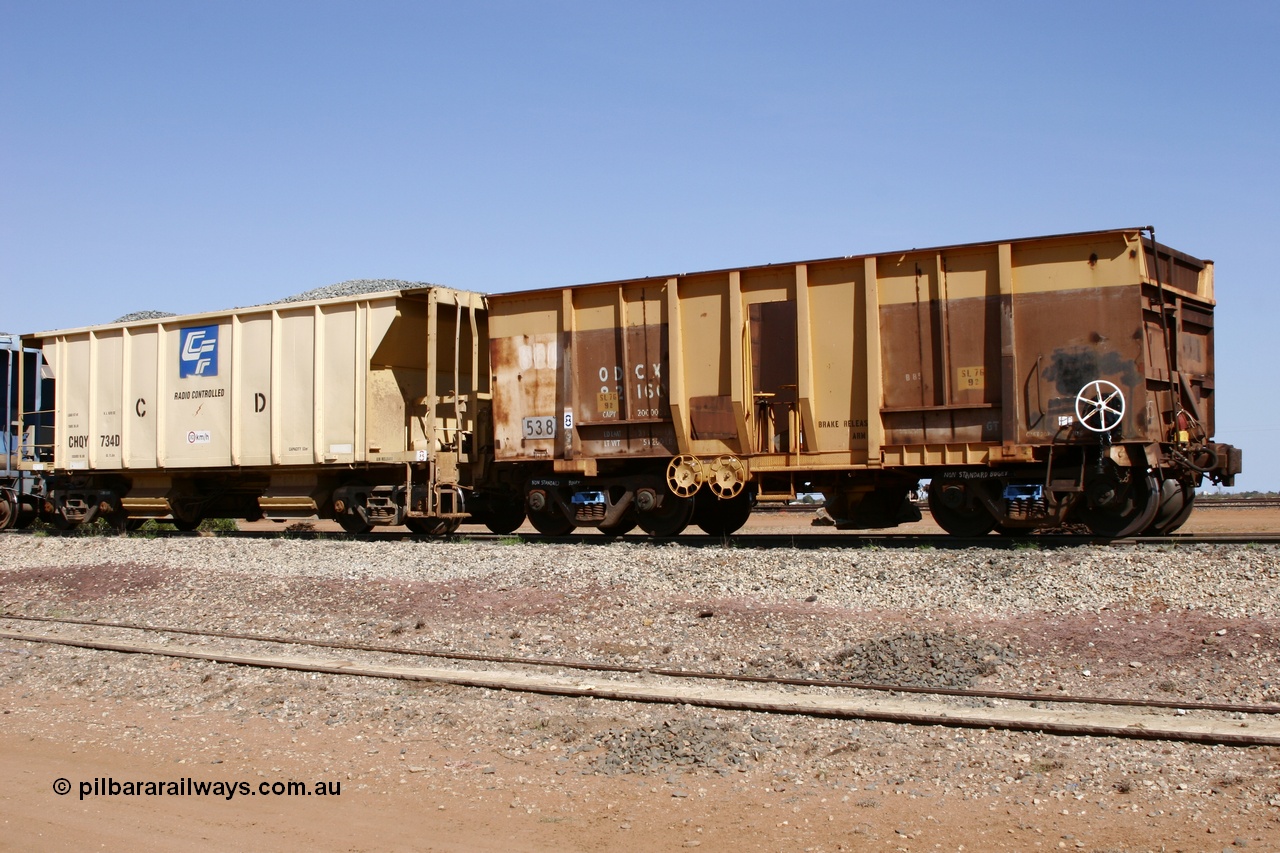 051001 5642
Flash Butt yard, side view of ballast plough converted from Magor USA built Oroville ore waggon 538, still visible is the ODCX 82160 number from original service building the Oroville Dam next to CFCLA ballast waggon CHQY class CHQY 734.
Keywords: Magor-USA;BHP-ballast-waggon;Mt-Newman-Mining-WS;