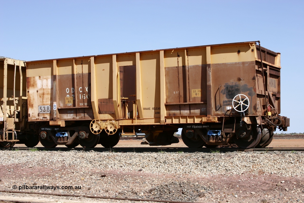 051001 5643
Flash Butt yard, side view of ballast plough converted from Magor USA built Oroville ore waggon 538, still visible is the ODCX 82160 number from original service building the Oroville Dam, through brake pipe is visible over the top of waggon.
Keywords: Magor-USA;BHP-ballast-waggon;Mt-Newman-Mining-WS;