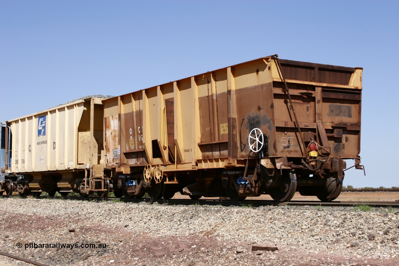 051001 5644
Flash Butt yard, side view of ballast plough converted from Magor USA built Oroville ore waggon 538, still visible is the ODCX 82160 number from original service building the Oroville Dam, through brake pipe is visible over the top of waggon.
Keywords: Magor-USA;BHP-ballast-waggon;Mt-Newman-Mining-WS;