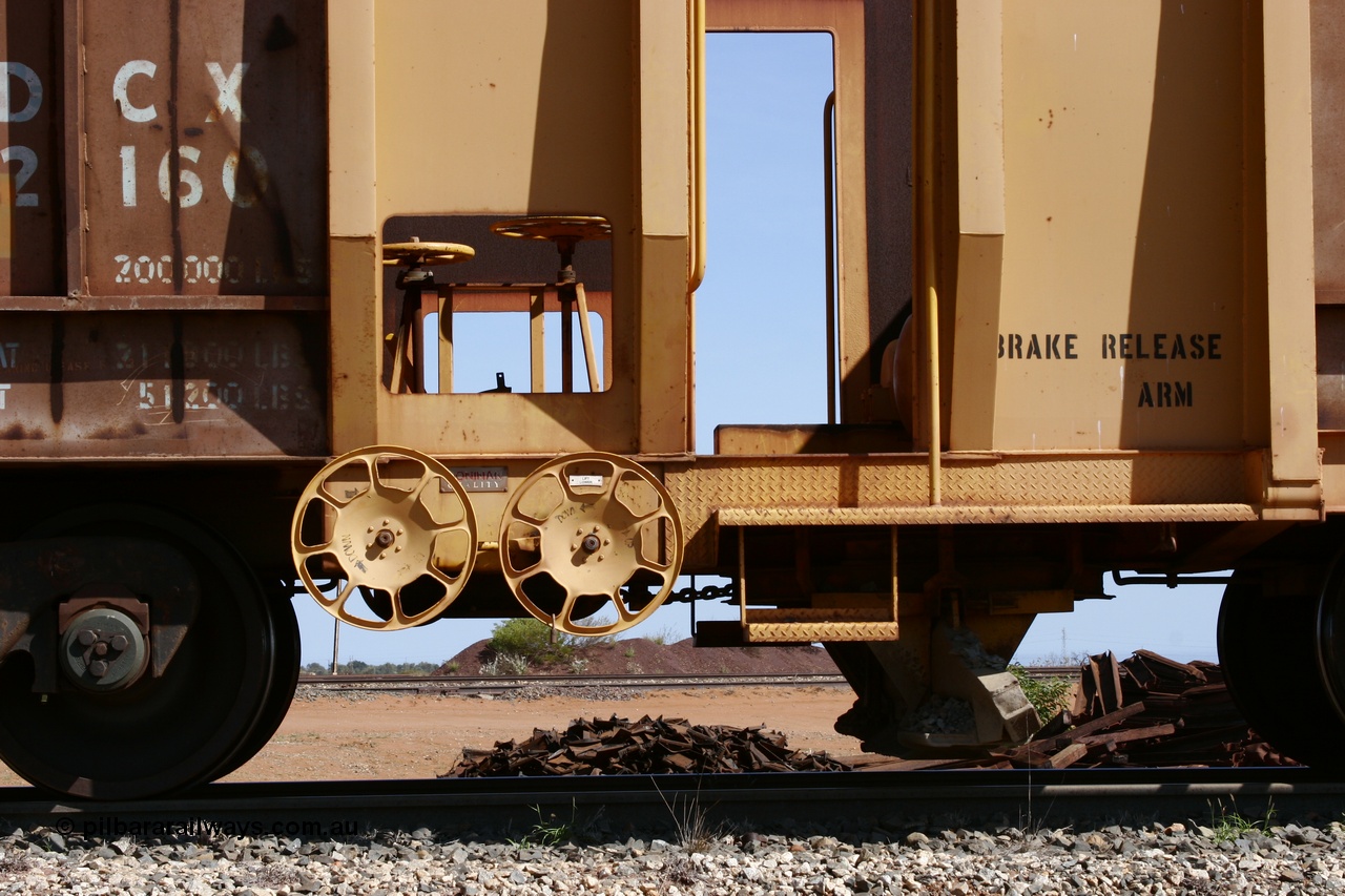 051001 5651
Flash Butt yard, side view of ballast plough converted from Magor USA built Oroville ore waggon 538, still visible is the ODCX 82160 number from original service building the Oroville Dam, view of adjusting wheels for plough.
Keywords: Magor-USA;BHP-ballast-waggon;Mt-Newman-Mining-WS;