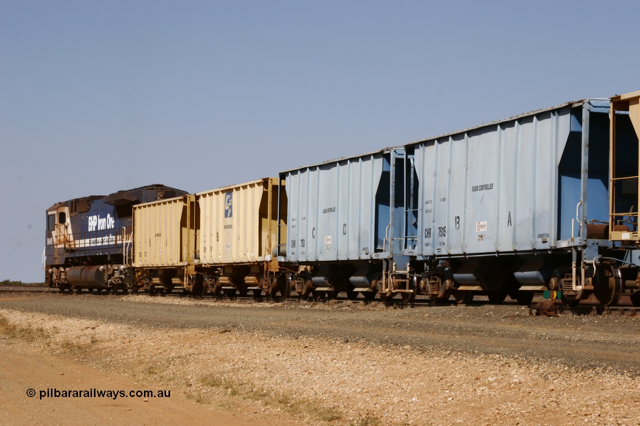 051001 5654
Flash Butt yard, two of each type of CFCLA ballast waggons CHQY class and CHRY class behind Dash 8 loco 5649.
Keywords: CHQY-type;CHRY-type;CRDX-type;CFCLA;BHP-ballast-waggon;