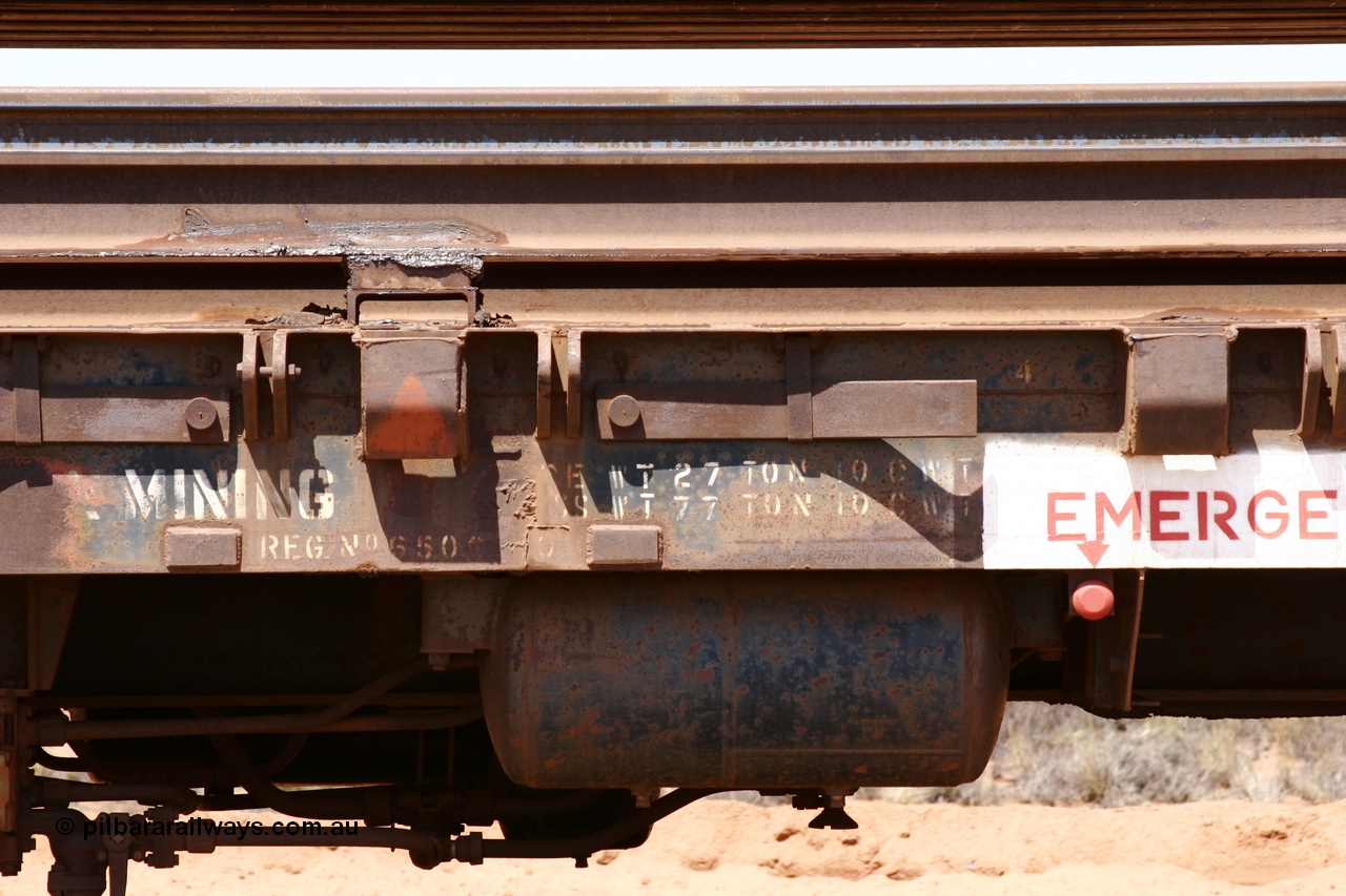 051001 5703
Boodarie, the Steel Train or rail recovery and transport train, flat waggon #20, 6010, detail of tare and gross with original G506010 number, a Scotts of Ipswich Qld built flat waggon from September 1970.
Keywords: Scotts-Qld;BHP-rail-train;