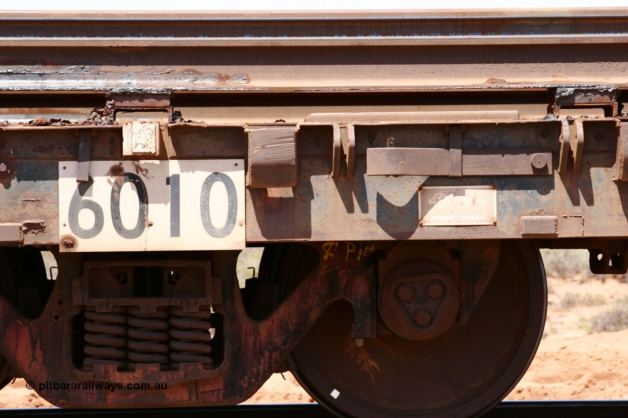 051001 5704
Boodarie, the Steel Train or rail recovery and transport train, builders plate detail of flat waggon #20, 6010, a Scotts of Ipswich Qld built flat waggon on 03-09-1970.
Keywords: Scotts-Qld;BHP-rail-train;