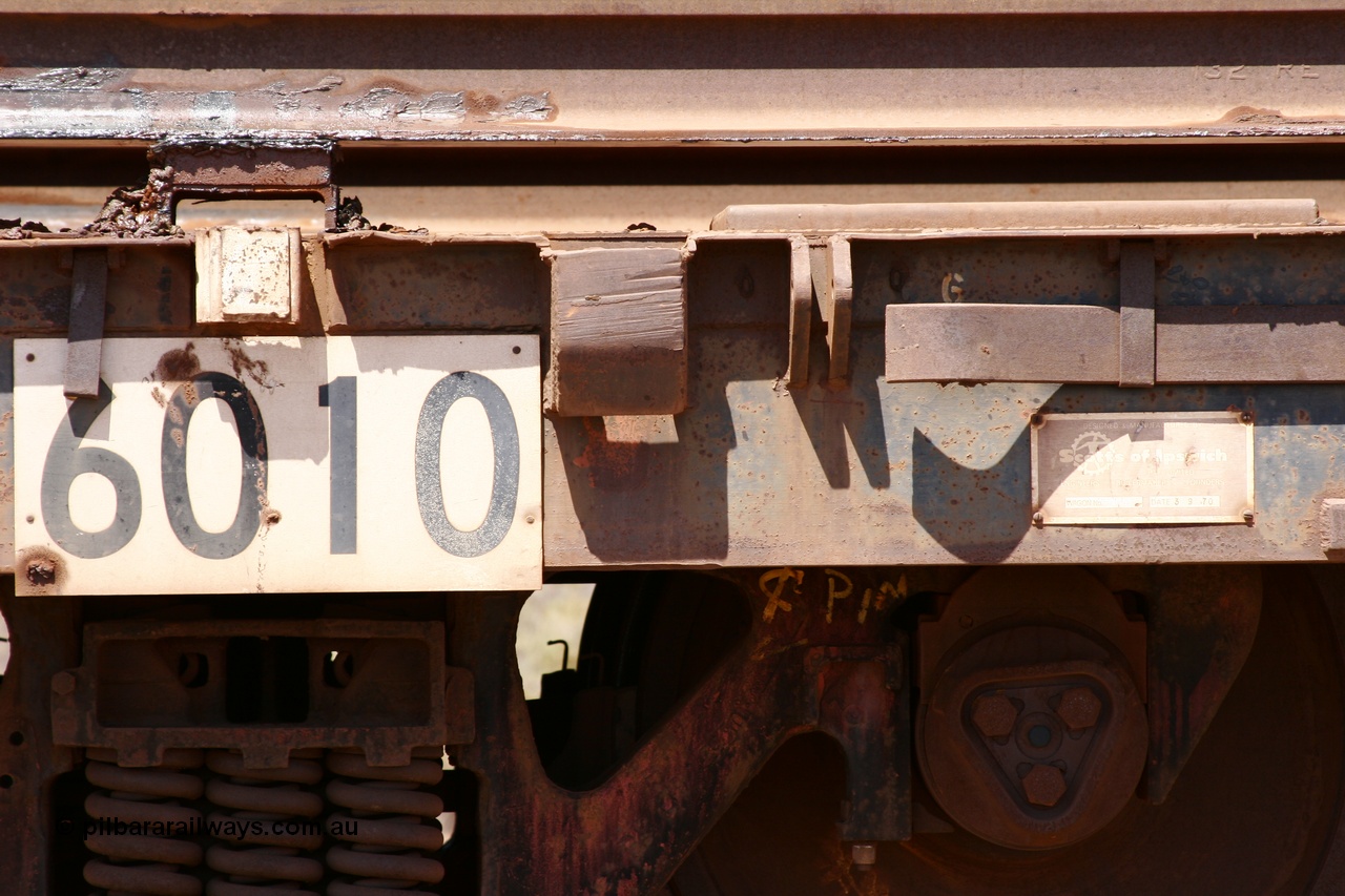 051001 5705
Boodarie, the Steel Train or rail recovery and transport train, builders plate detail of flat waggon #20, 6010, a Scotts of Ipswich Qld built flat waggon on 03-09-1970.
Keywords: Scotts-Qld;BHP-rail-train;