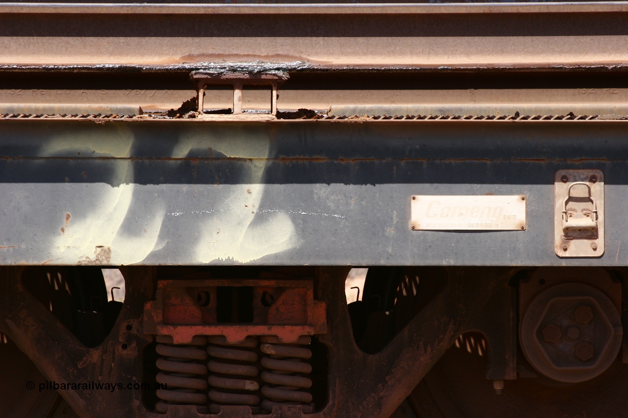 051001 5708
Boodarie, the Steel Train or rail recovery and transport train, flat waggon #22, 6213, builders plate detail, a Comeng WA built flat waggon from February 1977 under order no. 07-M-282 RY.
Keywords: Comeng-WA;BHP-rail-train;