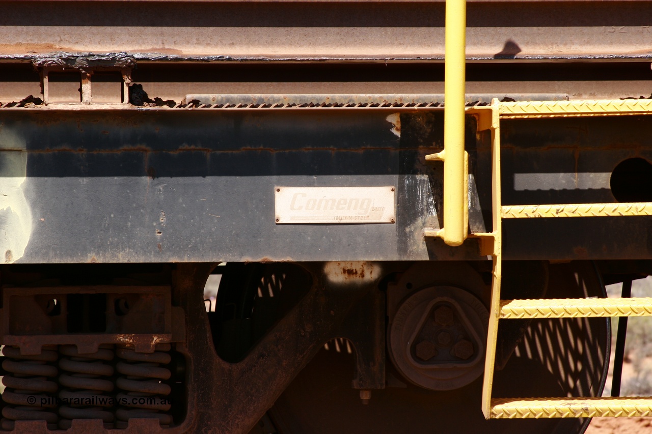 051001 5712
Boodarie, the Steel Train or rail recovery and transport train, flat waggon #23, 6208, builders plate, a Comeng WA built flat waggon from February 1977 under order no. 07-M-282 RY.
Keywords: Comeng-WA;BHP-rail-train;