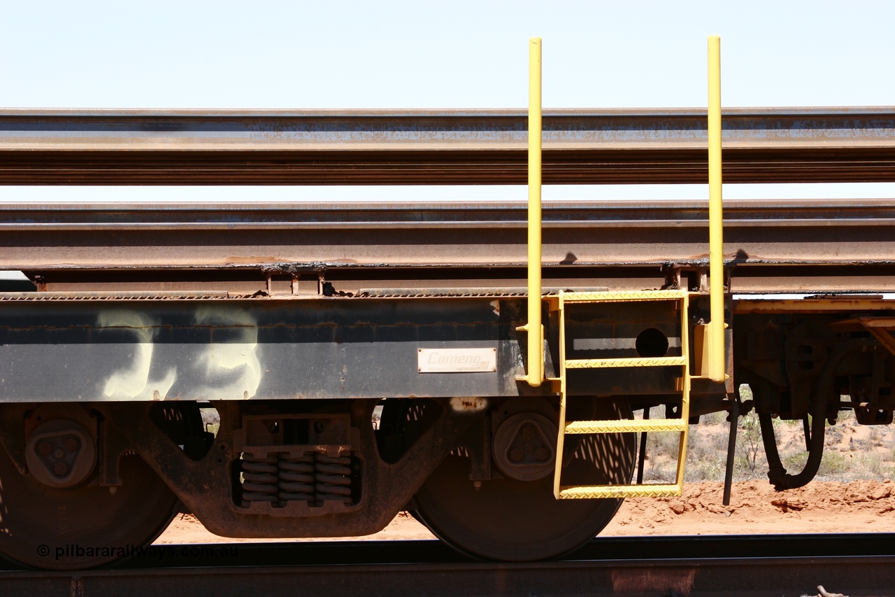 051001 5713
Boodarie, the Steel Train or rail recovery and transport train, flat waggon #23, 6208, builders plate, bogie and ladder, a Comeng WA built flat waggon from February 1977 under order no. 07-M-282 RY.
Keywords: Comeng-WA;BHP-rail-train;