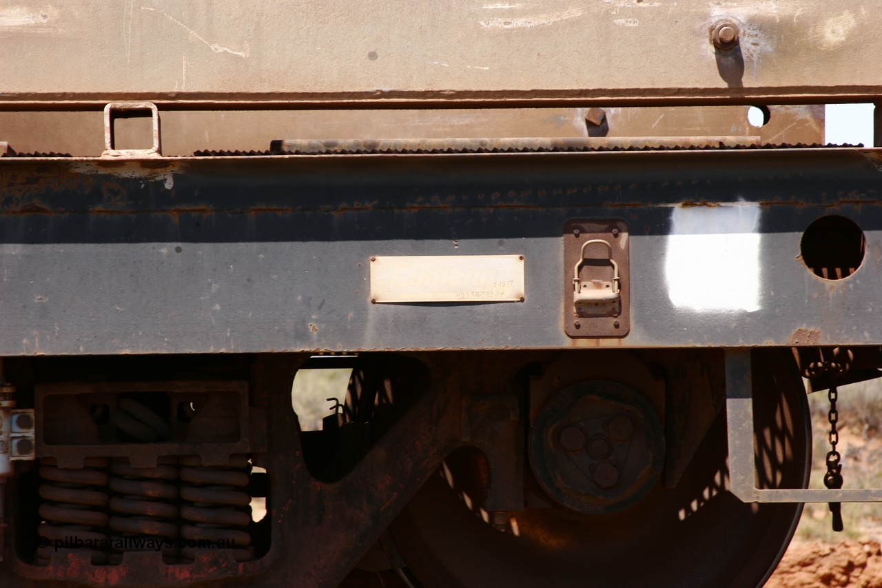 051001 5726
Boodarie, the Steel Train or rail recovery and transport train, flat waggon #28, 2nd lead off waggon 6201, builders plate, built by Comeng WA in January 1977 under order no. 07-M-282 RY.
Keywords: BHP-rail-train;Comeng-WA;